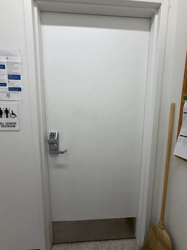 Door closer fitted above a plain commercial metal door.